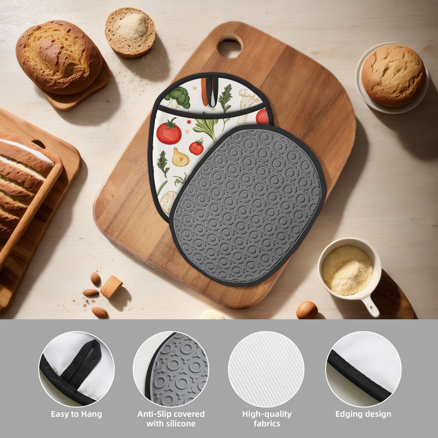 Colorful Vegetable Pattern Silicone Pot Holder & Oven Mitt – Heat Resistant Non-Slip Kitchen Pad (9.4 x 7.5 in)