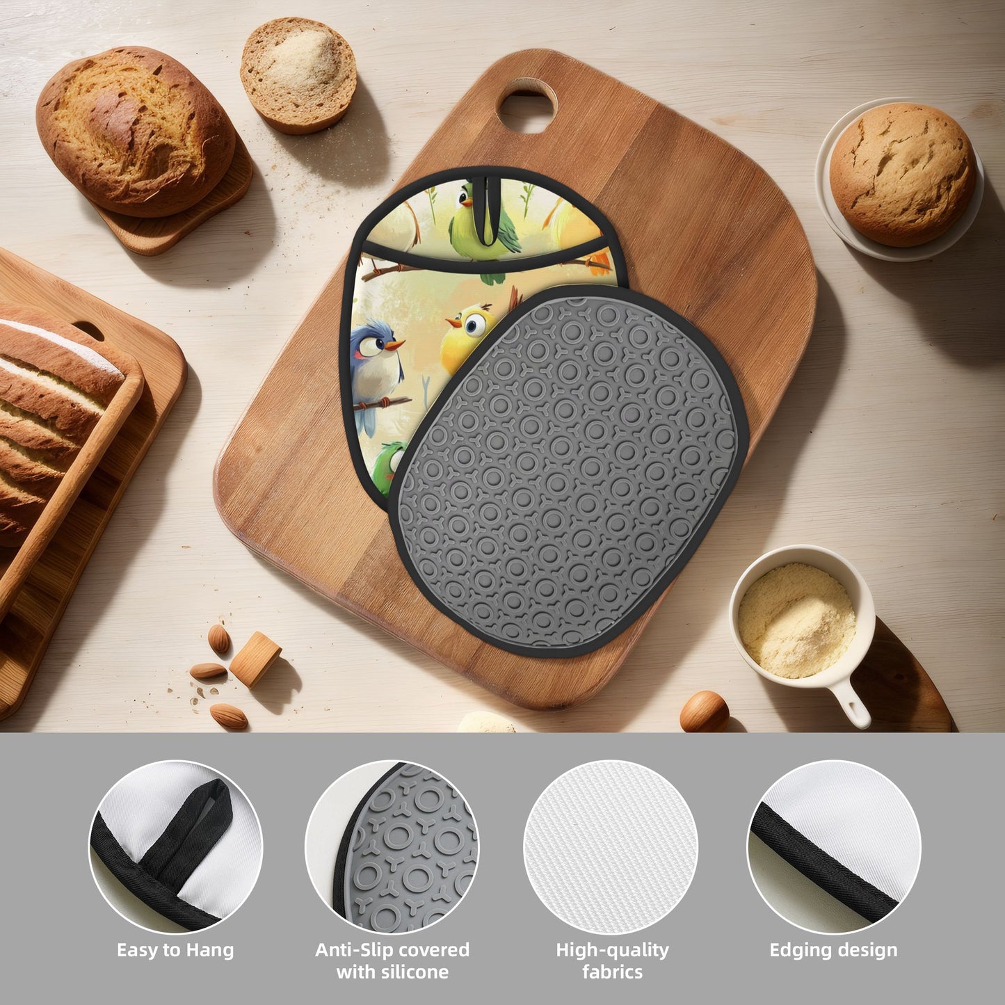 Cute Cartoon Bird Pattern Silicone Oven Mitt & Trivet Pad – Heat Resistant, Non-Slip, Multi-Purpose Kitchen Accessory (9.4 x 7.5 in)