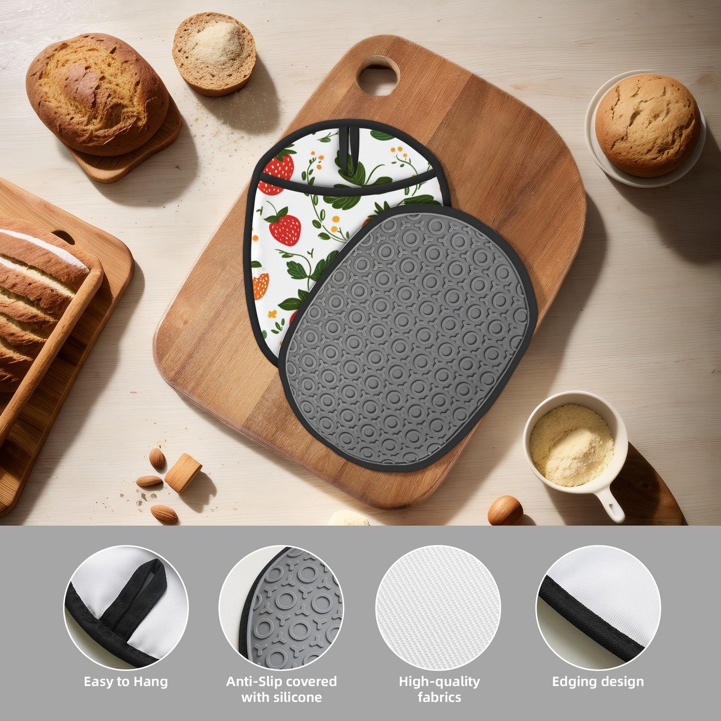 Strawberry Pattern Heat-Resistant Kitchen Pot Holder – Hanging Silicone Oven Mat, Multipurpose Non-Slip Pad for Baking & Cooking (9.4"x7.5")