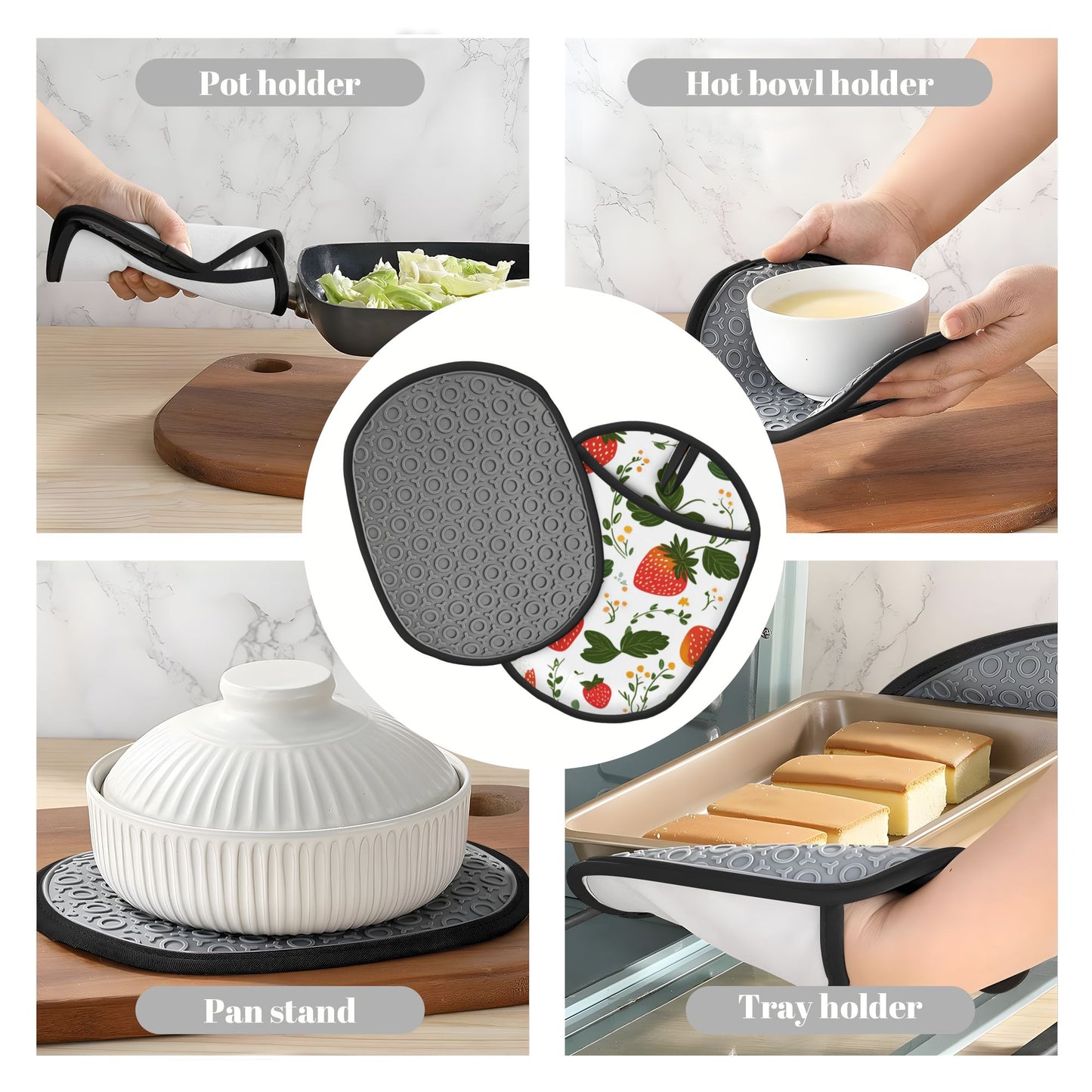 Strawberry Pattern Heat-Resistant Kitchen Pot Holder – Hanging Silicone Oven Mat, Multipurpose Non-Slip Pad for Baking & Cooking (9.4"x7.5")