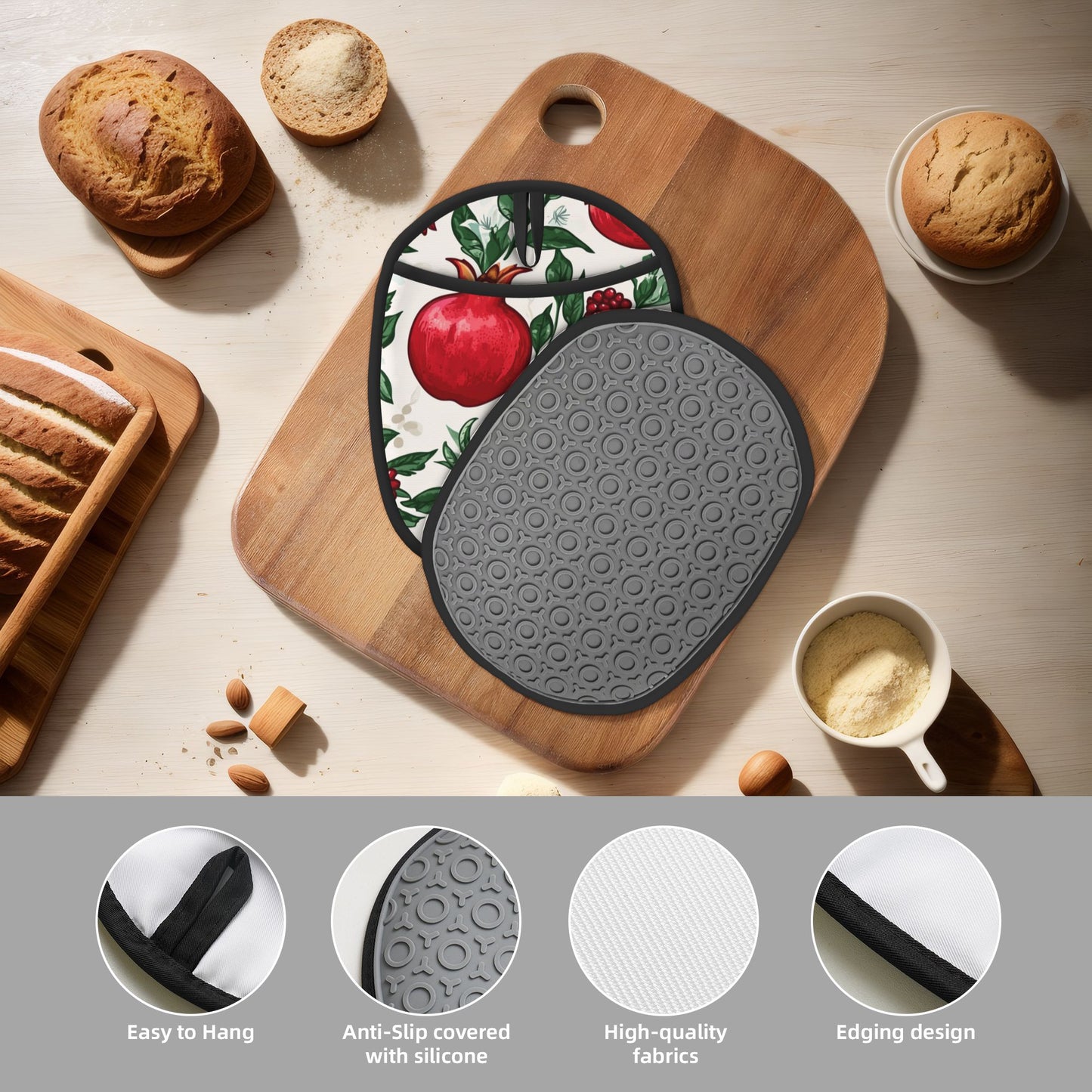 Pomegranate Pattern Heat-Resistant Pot Holder – Hanging Silicone Oven Mat, Multipurpose Non-Slip Thermal Pad for Kitchen & Baking (9.4"x7.5")