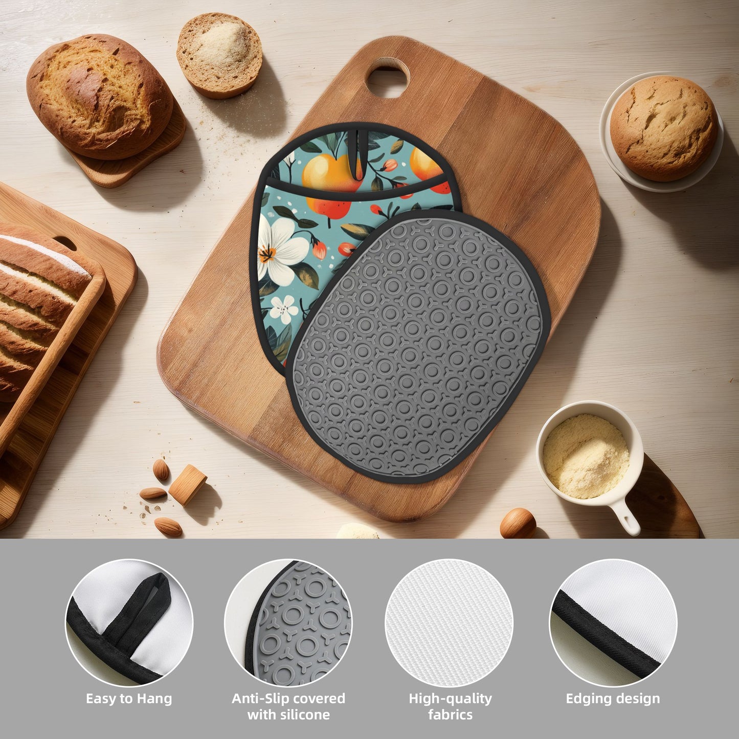 Fruit & Floral Pattern Heat-Resistant Pot Holder – Hanging Multipurpose Silicone Oven Mitt Pad (9.4"x7.5")