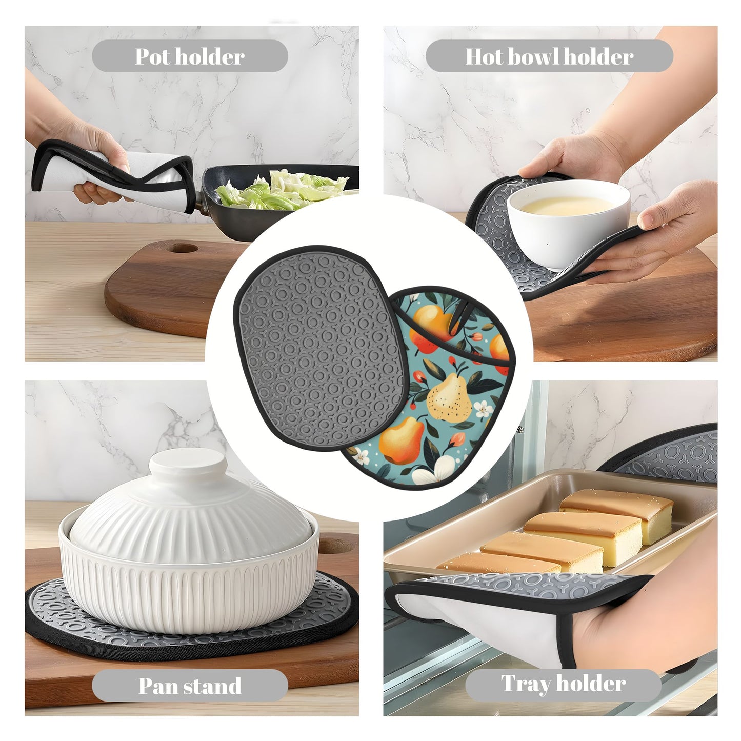 Fruit & Floral Pattern Heat-Resistant Pot Holder – Hanging Multipurpose Silicone Oven Mitt Pad (9.4"x7.5")