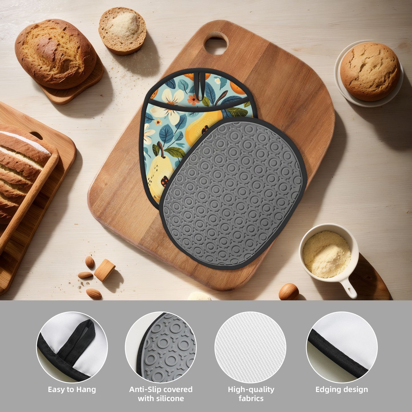 Pear Pattern Silicone Heat-Resistant Pot Holder – Hanging Multipurpose Oven Mitt Pad (9.4"x7.5")