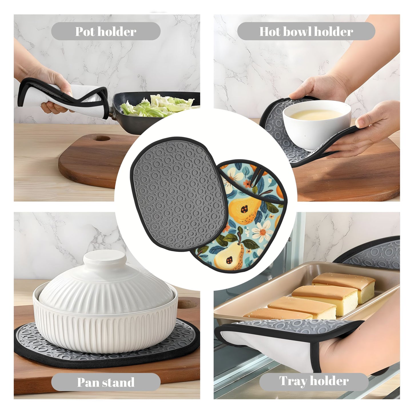 Pear Pattern Silicone Heat-Resistant Pot Holder – Hanging Multipurpose Oven Mitt Pad (9.4"x7.5")