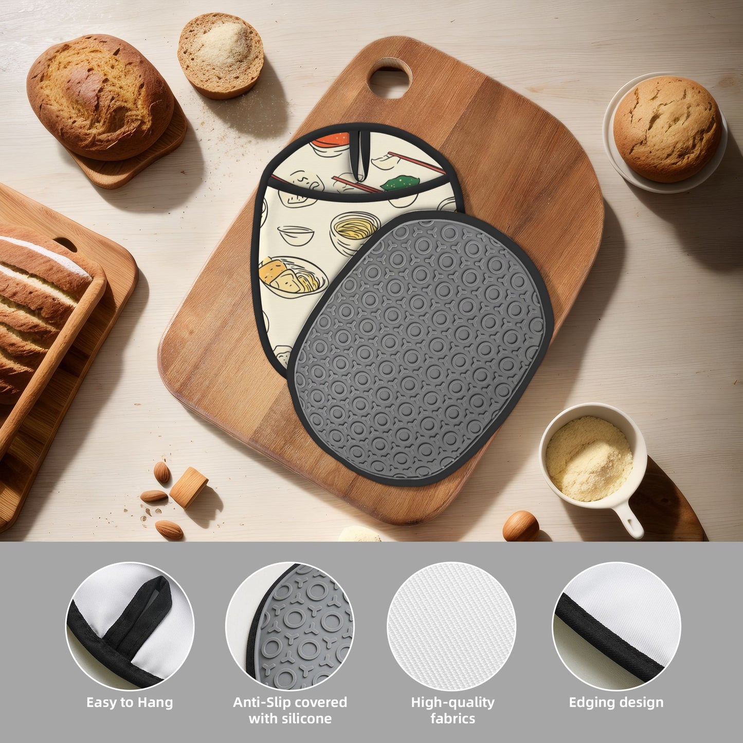 Asian Food Pattern Silicone Pot Holder – Hanging Multipurpose Oven Heat-Resistant Pad (9.4"x7.5")