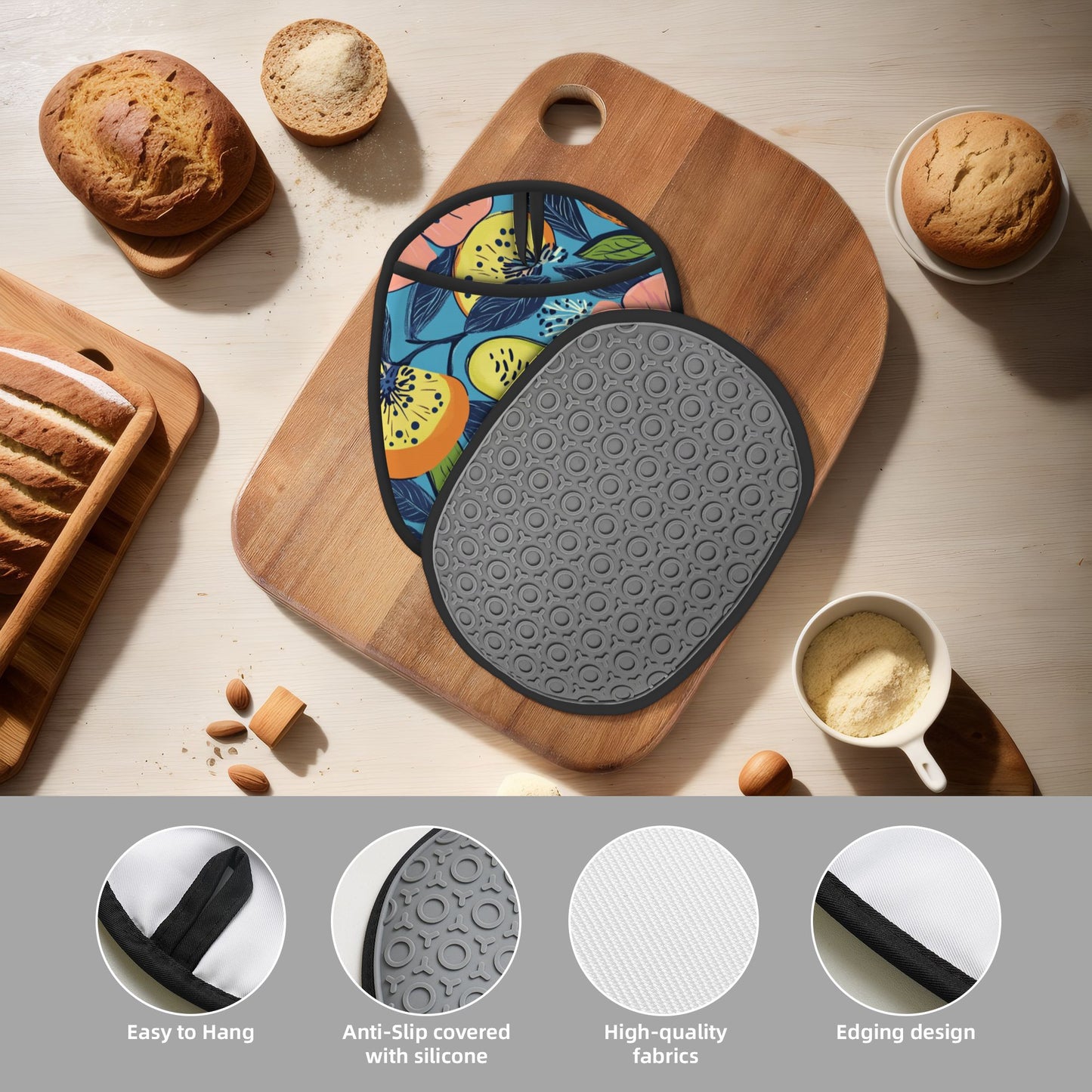 Tropical Fruit & Flower Print Silicone Heat-Resistant Pot Holder – Multipurpose Hanging Oven Mitt Pad (9.4"x7.5")