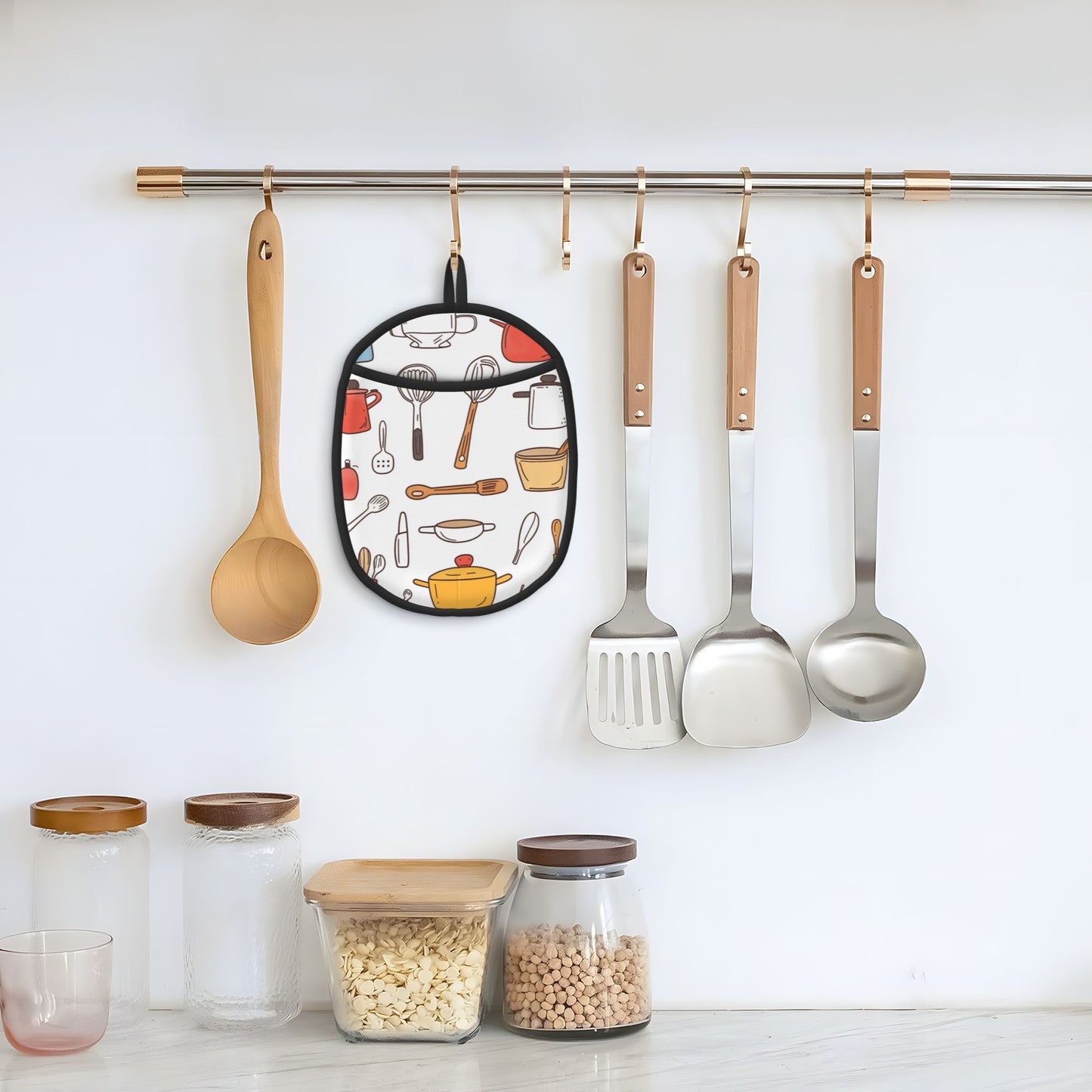 Kitchen Utensils Pattern Silicone Pot Holder – Heat Resistant Oven Mitt Pad with Hanging Loop (9.4"x7.5")