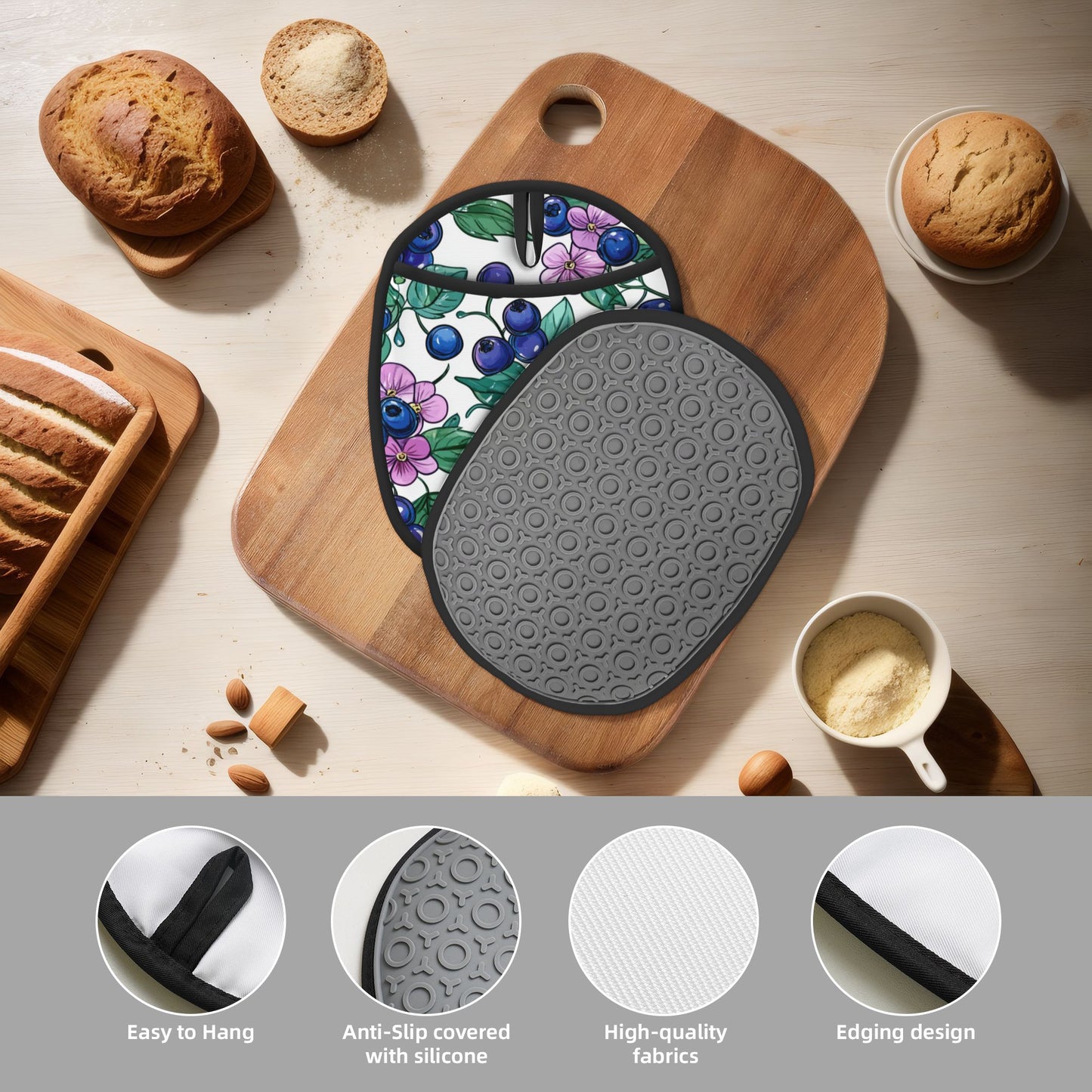 Blueberry Pattern Silicone Pot Holder – Heat Resistant Multipurpose Oven Mitt Pad with Hanging Loop (9.4"x7.5")