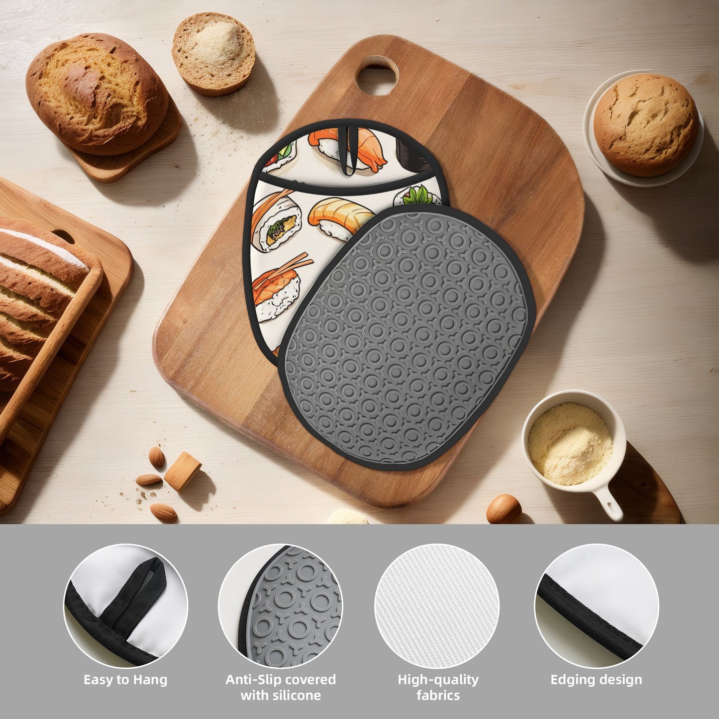 Multifunctional Heat-Resistant Silicone Oven Mitt with Sushi Pattern