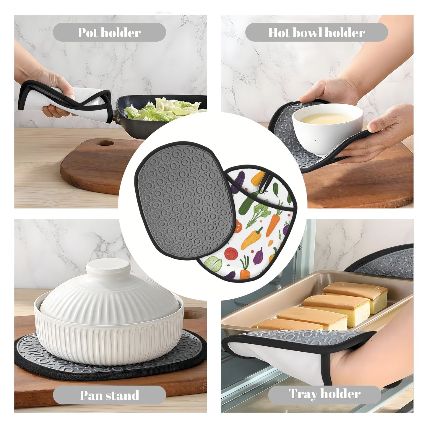 Cartoon Vegetable Pattern Silicone Oven Mitt & Trivet Pad – Heat Resistant Non-Slip Kitchen Pot Holder (9.4 x 7.5 in)