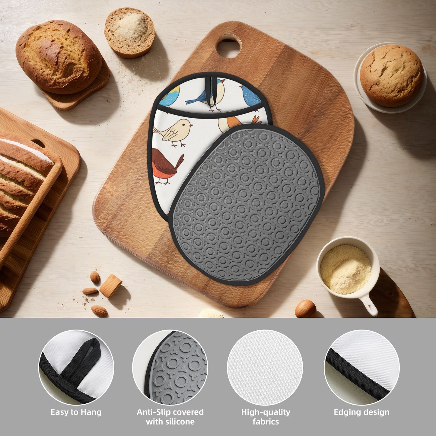 Colorful Cartoon Bird Silicone Oven Mitt & Trivet Pad – Heat Resistant Kitchen Pot Holder (9.4 x 7.5 in)