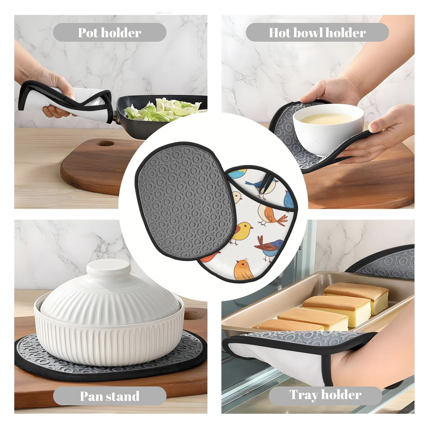 Colorful Cartoon Bird Silicone Oven Mitt & Trivet Pad – Heat Resistant Kitchen Pot Holder (9.4 x 7.5 in)