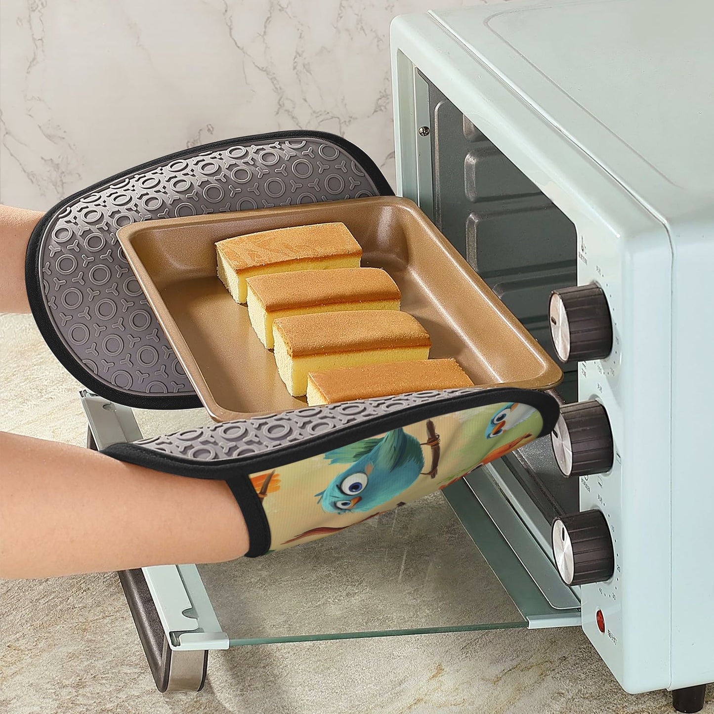 Cute Cartoon Bird Pattern Silicone Oven Mitt & Trivet Pad – Heat Resistant, Non-Slip, Multi-Purpose Kitchen Accessory (9.4 x 7.5 in)