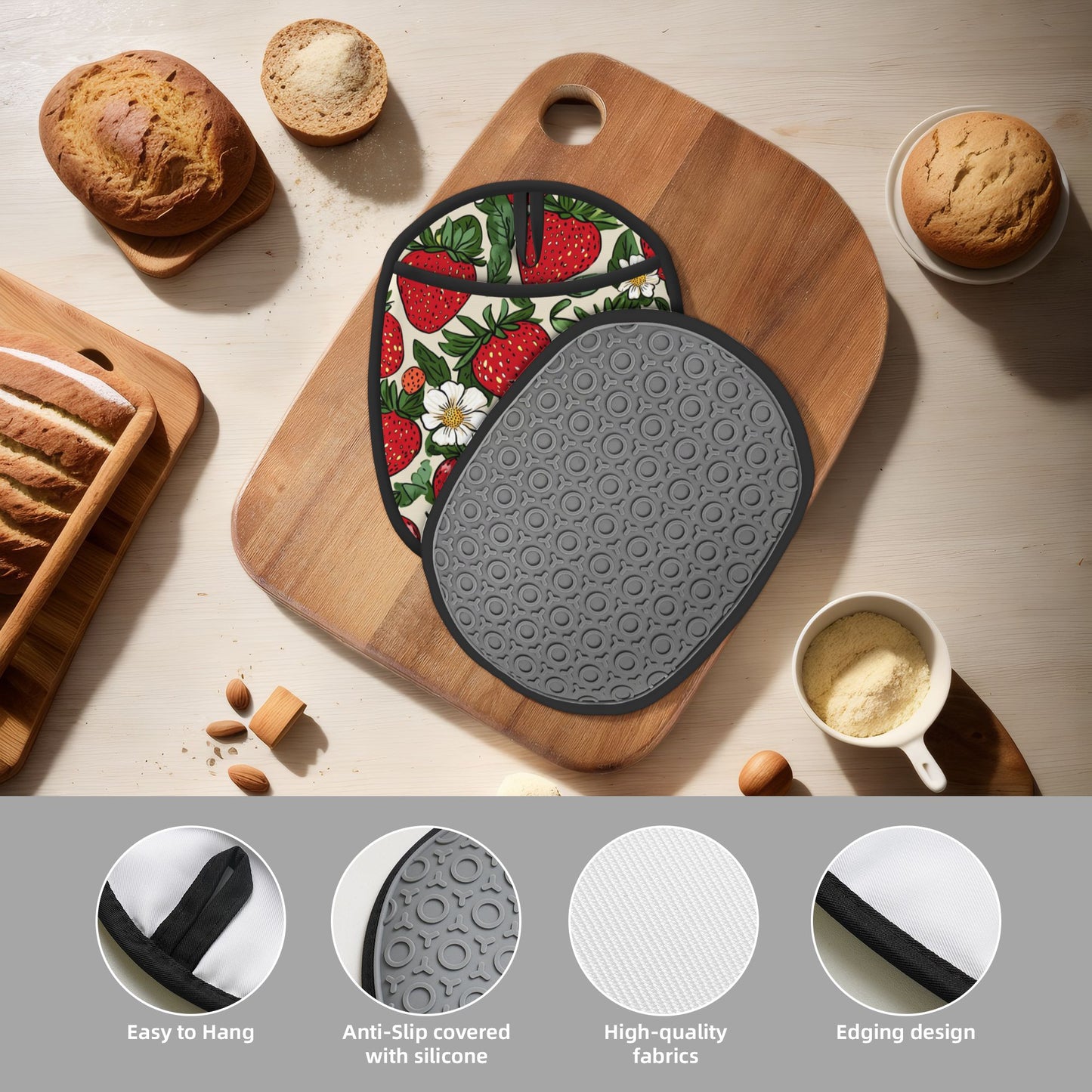 Strawberry Pattern Silicone Oven Mat – Heat-Resistant Multifunctional Pad with Hanging Loop – Non-Slip Insulated Kitchen Pot Holder (9.4"x7.5")