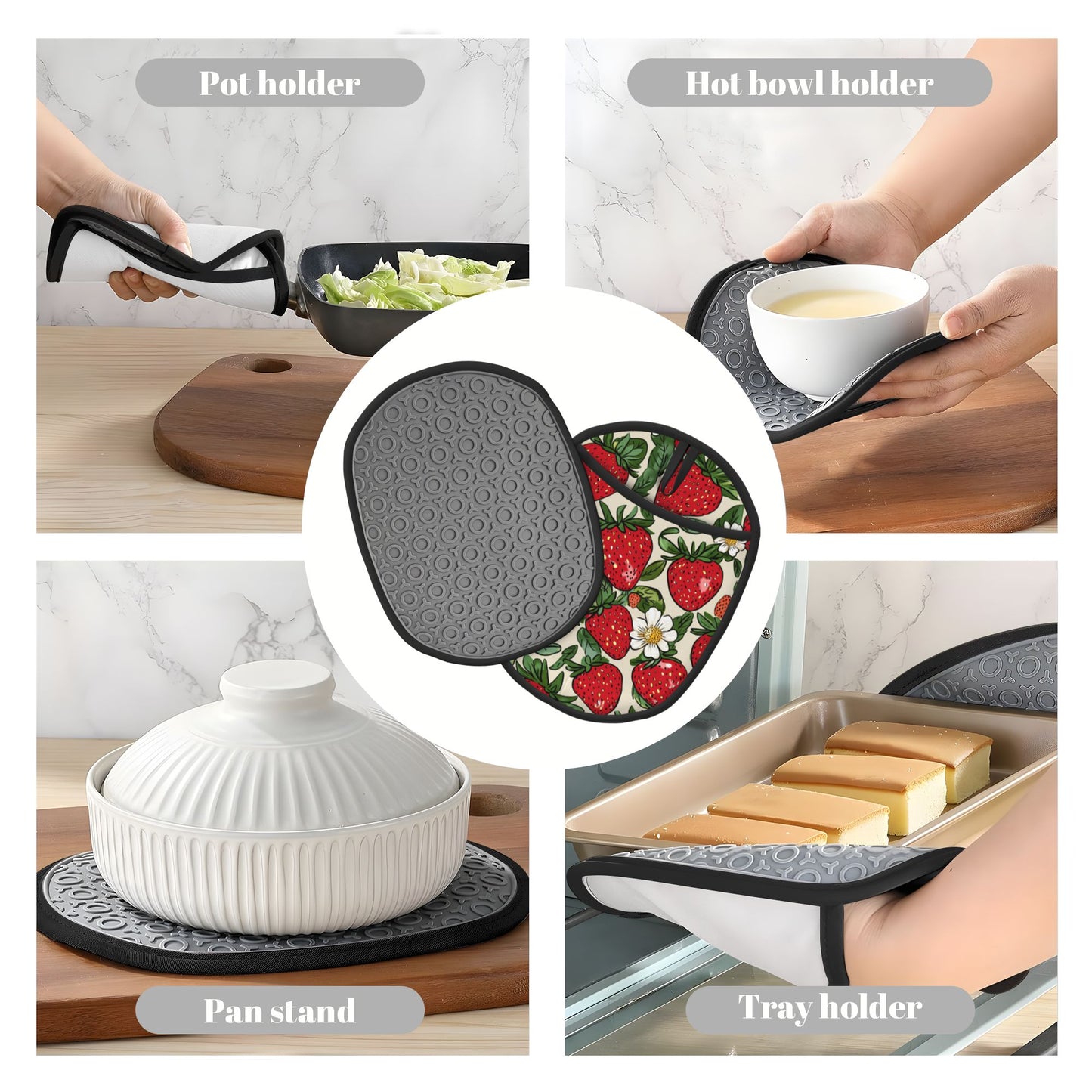 Strawberry Pattern Silicone Oven Mat – Heat-Resistant Multifunctional Pad with Hanging Loop – Non-Slip Insulated Kitchen Pot Holder (9.4"x7.5")