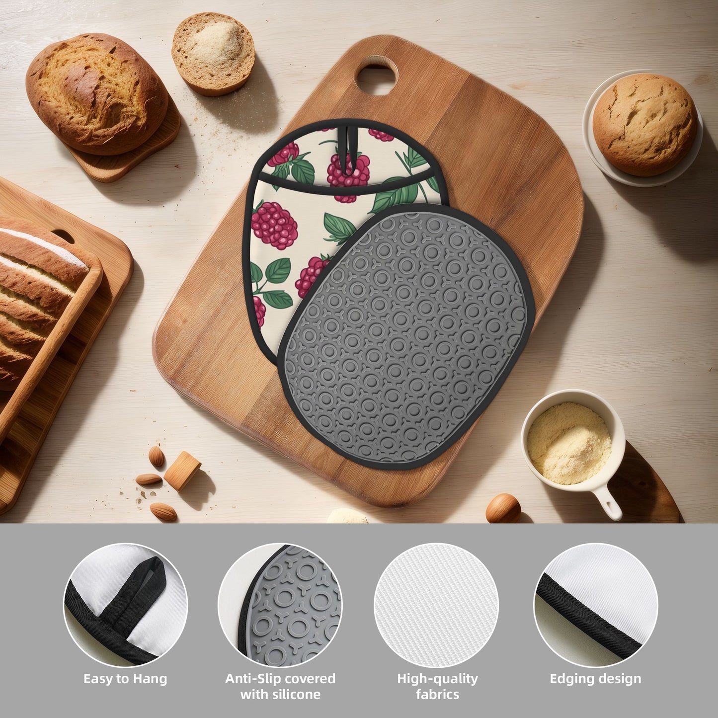 Raspberry Print Silicone Heat-Resistant Pot Holder – Hanging Multipurpose Oven Mitt Pad (9.4"x7.5")