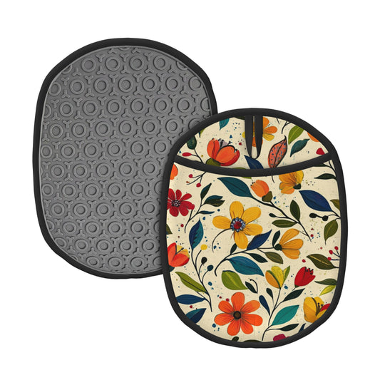 Floral Pattern Silicone Pot Holder – Colorful Heat Resistant Oven Mitt Pad with Hanging Loop (9.4"x7.5")