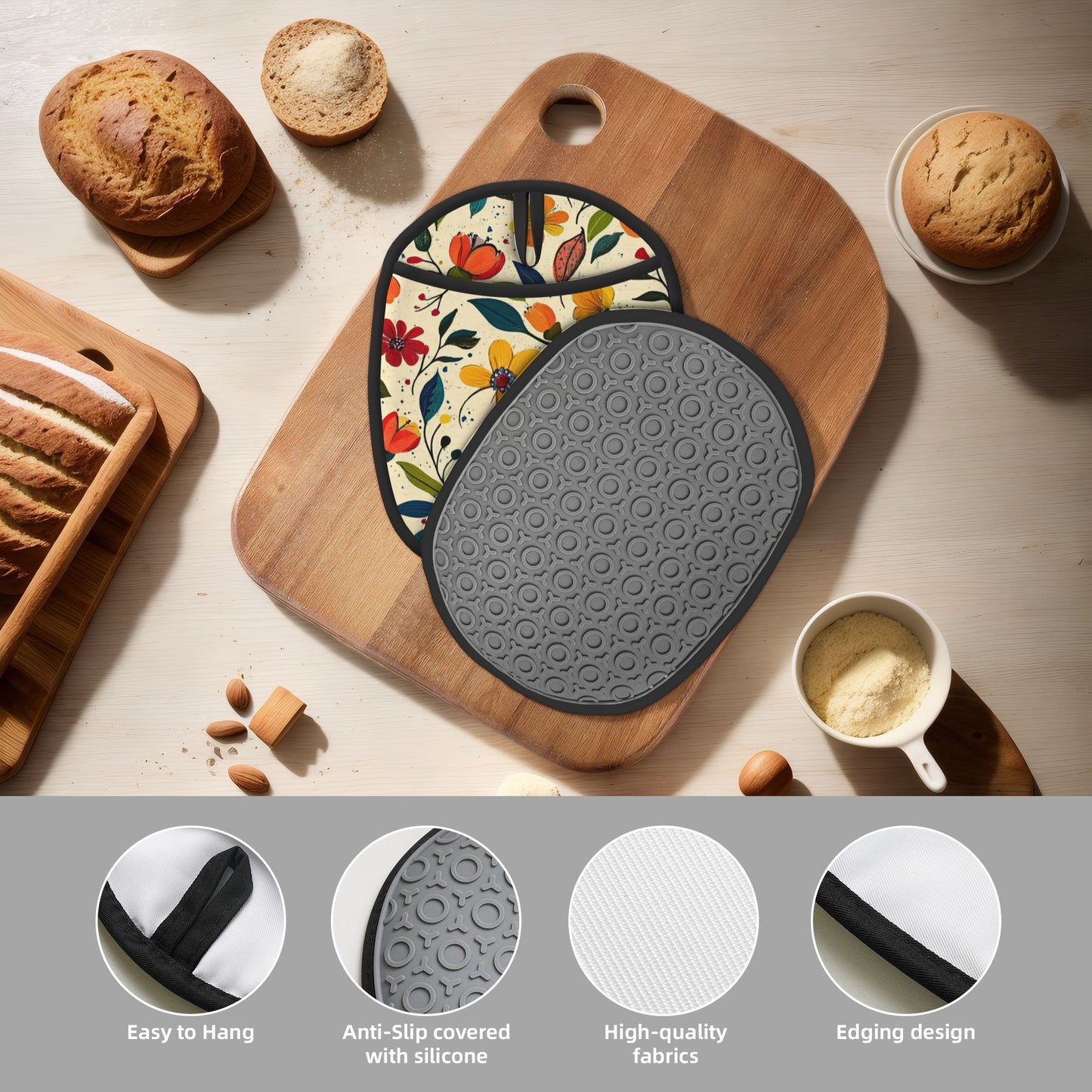 Floral Pattern Silicone Pot Holder – Colorful Heat Resistant Oven Mitt Pad with Hanging Loop (9.4"x7.5")