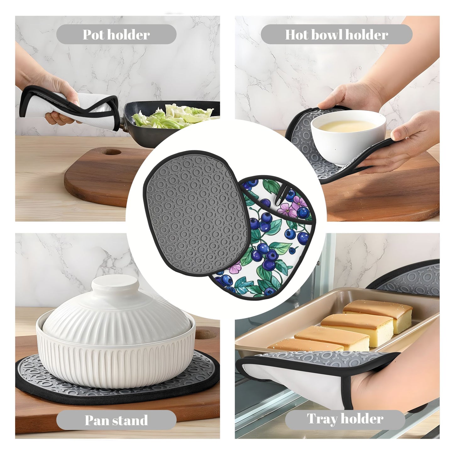 Blueberry Pattern Silicone Pot Holder – Heat Resistant Multipurpose Oven Mitt Pad with Hanging Loop (9.4"x7.5")